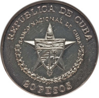 obverse of 20 Pesos - Railroads of the World Series - 160th Anniversary of First Railroad in England (1988) coin with KM# 234 from Cuba. Inscription: REPUBLICA DE CUBA BANCO NACIONAL DE CUBA 20 PESOS