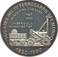 reverse of 20 Pesos - Railroads of the World Series - 160th Anniversary of First Railroad in England (1988) coin with KM# 234 from Cuba. Inscription: 160 ANIV. DEL 1er FERROCARRIL DEL MUNDO PLATA FINA 2 OZ. 0.999 1988 LIVERPOOL- MANCHESTER 1830-1990