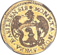 obverse of 2 Goldgulden (1648) coin with KM# 109 from Swiss cantons. Inscription: MONETA NOVA AVREIA BASILEENSIS