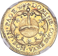 reverse of 2 Goldgulden (1648) coin with KM# 109 from Swiss cantons. Inscription: DOMINE CONSERVA NOS IN PACE