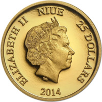 obverse of 25 Dollars - Elizabeth II - Donald Duck: 80th Anniversary (2014) coin with KM# 1290 from Niue. Inscription: ELIZABETH II NIUE 25 DOLLARS IRB 2014