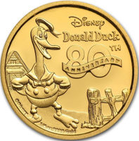 reverse of 25 Dollars - Elizabeth II - Donald Duck: 80th Anniversary (2014) coin with KM# 1290 from Niue. Inscription: Disney Donald Duck TH 80 ANNIVERSARY ©Disney 1/4 oz 9999 Gold