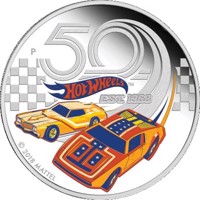 reverse of 1 Dollar - Elizabeth II - 50 Years of Hot Wheels (2018) coin from Tuvalu. Inscription: P 50 HOT WHEELS EST. 1968 © 2018 MATTEL