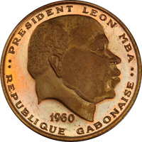 obverse of 10 Francs - Independence (1960) coin from Gabon. Inscription: PRESIDENT LEON MBA 1960 REPUBLIQUE GABONAISE