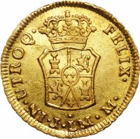 reverse of 1 Escudo - Carlos III (1763 - 1771) coin with KM# 72 from Peru. Inscription: IN • UTROQ • FELIX •