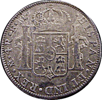 reverse of 4 Reales - Carlos III (1785 - 1789) coin with KM# 97a from Mexico. Inscription: •HISPAN•ET IND•REX•Mo•4R•F•M•