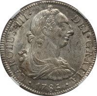 obverse of 8 Reales - Carlos III (1785 - 1789) coin with KM# 106a from Mexico. Inscription: CAROLUS•III•DEI•GRATIA •1785•