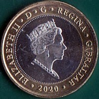 obverse of 2 Pounds - Elizabeth II - Sandy Bay (2020) coin from Gibraltar. Inscription: ELIZABETH II . D . G . REGINA . GIBRALTAR 2020