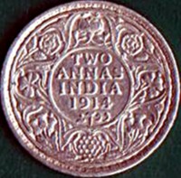 reverse of 2 Annas - George V (1912 - 1917) coin with KM# 515 from India. Inscription: TWO ANNAS INDIA 1916 دو آنہ