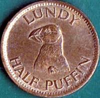 reverse of 1/2 Puffin - Martin Coles Harman (1929) coin with X# Tn1 from United Kingdom. Inscription: LUNDY HALF PUFFIN