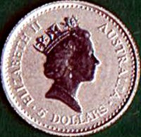 obverse of 5 Dollars - Elizabeth II - Koala - 3'rd Portrait (1989 - 1990) coin from Australia. Inscription: ELIZABETH II AUSTRALIA 5 DOLLARS RDM