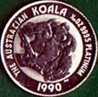 reverse of 5 Dollars - Elizabeth II - Koala - 3'rd Portrait (1989 - 1990) coin from Australia. Inscription: THE AUSTRALIAN KOALA 1/20 OZ 9995 PLATINUM MT P 1990