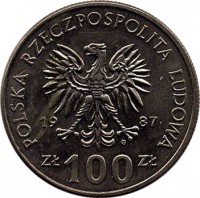 obverse of 100 Złotych - Kazimierz III (1987) coin with Y# 167 from Poland. Inscription: POSLKA RZECZPOSPOLITA LUDOWA 1987 Zł 100 Zł