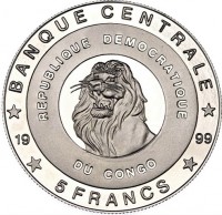 BANQUE CENTRALE REPUBLIQUE DEMOCRATIQUE. 19 99. DU CONGO.  5 FRANCS.