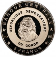 BANQUE CENTRALE REPUBLIQUE DEMOCRATIQUE. 19 99. DU CONGO.  5 FRANCS.