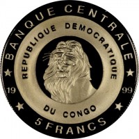 BANQUE CENTRALE. REPUBLIQUE DEMOCRATIQUE. 19 99. DU CONGO. 5 FRANCS.