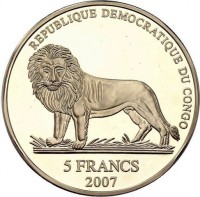 REPUBLIQUE DEMOCRATIQUE DU CONGO. 5 FRANCS. 2007.