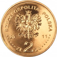 obverse of 2 Złote - EU Presidency (2011) coin with Y# 777 from Poland. Inscription: RZECZPOSPOLITA POLSKA 20 11 ZŁ 2 ZŁ