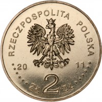 obverse of 2 Złote - Czesław Miłosz (2011) coin with Y# 785 from Poland. Inscription: RZECZPOSPOLITA POLSKA 2011 ZŁ 2 ZŁ