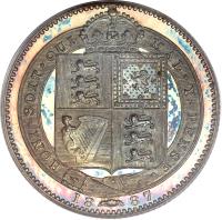 reverse of 1 Shilling - Victoria - Smaller; 2'nd Portrait (1887 - 1889) coin with KM# 761 from United Kingdom. Inscription: HONI SOIT QUI MAL Y PENSE 1887