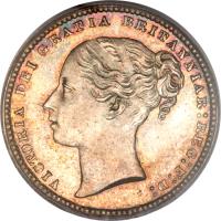 obverse of 1 Shilling - Victoria - 1'st Portrait (1838 - 1887) coin with KM# 734 from United Kingdom. Inscription: VICTORIA DEI GRATIA BRITANNIAR:REG:F:D: