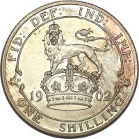 reverse of 1 Shilling - Edward VII (1902 - 1910) coin with KM# 800 from United Kingdom. Inscription: FID: DEF: IND: IMP: 19 02 ONE SHILLING