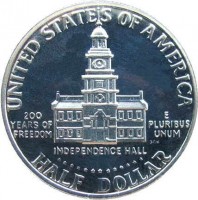 reverse of 1/2 Dollar - Bicentennial - Kennedy Half Dollar (1976) coin with KM# 205 from United States. Inscription: UNITED STATES OF AMERICA 200 YEARS OF REEDOM E PLURIBUS UNUM SGH INDEPENDENCE HALL HALF DOLLAR