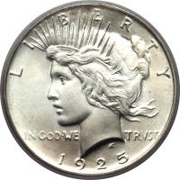 obverse of 1 Dollar - End of World War I - Peace Dollar (1921 - 1935) coin with KM# 150 from United States. Inscription: LIBERTY IN GOD WE TRVST 1925