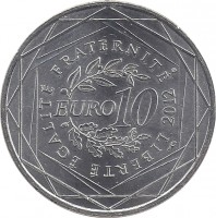 reverse of 10 Euro - Corse (2012) coin with KM# 1876 from France. Inscription: LIBERTÉ ÉGALITÉ FRATERNITÉ EURO 10 2012