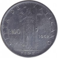 reverse of 100 Lire - John XXIII (1959 - 1962) coin with KM# 64 from Vatican City. Inscription: CITTA' DEL VATICANO L · 100 1962 FIDES