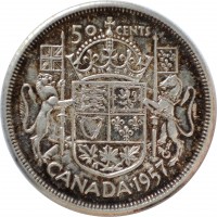 reverse of 50 Cents - Elizabeth II - Simplified Coat of Arms; 1'st Portrait (1953 - 1958) coin with KM# 53 from Canada. Inscription: 50 CENTS CANADA · 1953