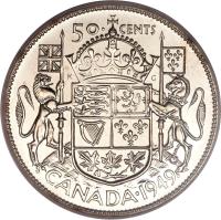 reverse of 50 Cents - George VI (1948 - 1952) coin with KM# 45 from Canada. Inscription: 50 CENTS CANADA · 1949