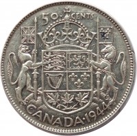 reverse of 50 Cents - George VI (1937 - 1947) coin with KM# 36 from Canada. Inscription: 50 CENTS CANADA · 1944