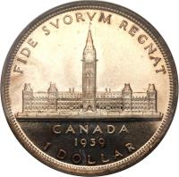 reverse of 1 Dollar - George VI - Royal Visit (1939) coin with KM# 38 from Canada. Inscription: FIDE SVORVM REGNAT CANADA 1939 1 DOLLAR