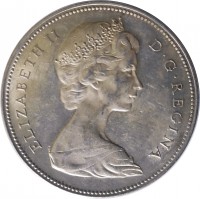 obverse of 1 Dollar - Elizabeth II - 2'nd Portrait (1965 - 1966) coin with KM# 64 from Canada. Inscription: ELIZABETH II D · G · REGINA