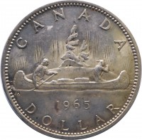 reverse of 1 Dollar - Elizabeth II - 2'nd Portrait (1965 - 1966) coin with KM# 64 from Canada. Inscription: CANADA 1965 DOLLAR