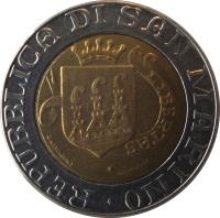 obverse of 500 Lire (1989) coin with KM# 239 from San Marino. Inscription: REPUBBLICA DI SAN MARINO LIBERTAS