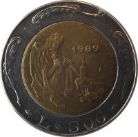 reverse of 500 Lire (1989) coin with KM# 239 from San Marino. Inscription: 1989 L 500