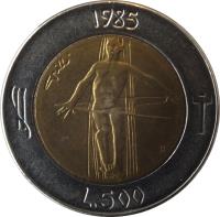 reverse of 500 Lire - Redemption from drugs (1985) coin with KM# 181 from San Marino. Inscription: 1985 L.500 R