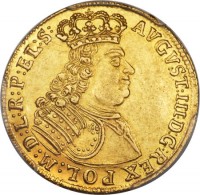 obverse of 1 Ducat - August III (1734) coin with KM# 95 from Danzig. Inscription: AVGVST:III · D:G:REX POL:M:D:L:R:P:EL:S: