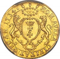 reverse of 1 Ducat - August III (1734) coin with KM# 95 from Danzig. Inscription: MON:AVREA CIVITAT:GEDAN 1734