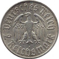 obverse of 2 Reichsmark - Martin Luther (1933) coin with KM# 79 from Germany. Inscription: Deutsches Reich 2 Reichsmark A