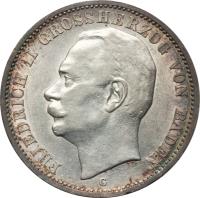 obverse of 3 Mark - Friedrich II (1908 - 1915) coin with KM# 280 from German States. Inscription: FRIEDRICH II GROSSHERZOG VON BADEN G