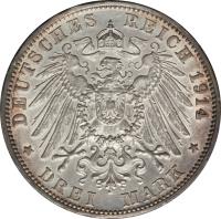 reverse of 3 Mark - Friedrich II (1908 - 1915) coin with KM# 280 from German States. Inscription: DEUTSCHES REICH 1914 * DREI MARK *