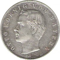 obverse of 3 Mark - Otto (1908 - 1913) coin with KM# 996 from German States. Inscription: OTTO KOENIG VON BAYERN D