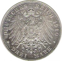 reverse of 3 Mark - Otto (1908 - 1913) coin with KM# 996 from German States. Inscription: DEUTSCHES REICH 1912 * DREI MARK *