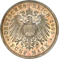 reverse of 5 Mark - Otto (1891 - 1913) coin with KM# 915 from German States. Inscription: DEUTSCHES REICH 1908 * F · NF MARK *