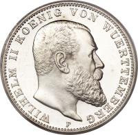 obverse of 3 Mark - Wilhelm II (1908 - 1914) coin with KM# 635 from German States. Inscription: WILHELM II KOENIG VON WUERTEMBERG F