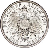 reverse of 3 Mark - Wilhelm II (1908 - 1914) coin with KM# 635 from German States. Inscription: DEUTSCHES REICH 1911 * DREI MARK *