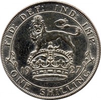 reverse of 1 Shilling - George V (1926 - 1927) coin with KM# 829 from United Kingdom. Inscription: FID: DEF: IND: IMP: 19 27 ONE SHILLING